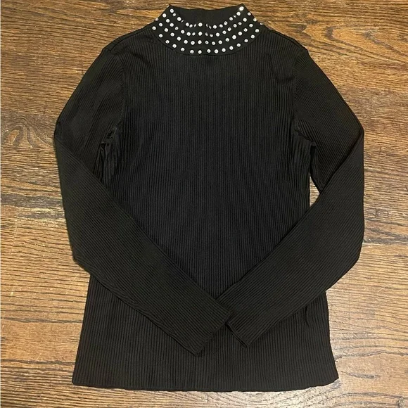 INC International Concepts Black Ribbed Sweater with Rhinestone Collar - Picture 9 of 11